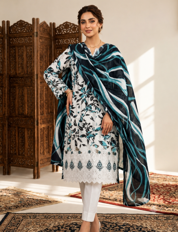 Premium lawn 3 piece Boring daman & emb printed shirt plain trouser voil lawn dupatta Rs.3350