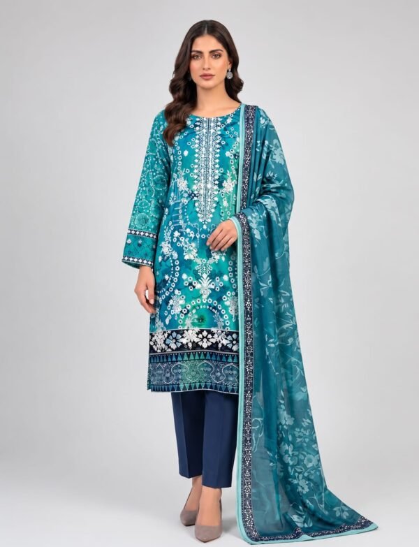 Premium Digital Print Lawn Suit with 2-Head Embroidery – 3 Piece Unstitched