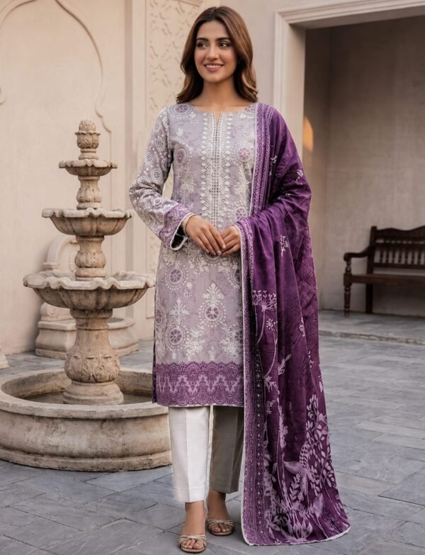 Premium Digital Printed Embroidered Lawn Suit – 3 Piece Unstitched