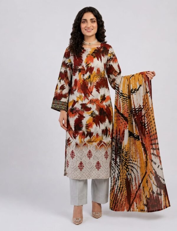 Premium Embroidered Lawn Suit with Boring Daman – 3 Piece Unstitched