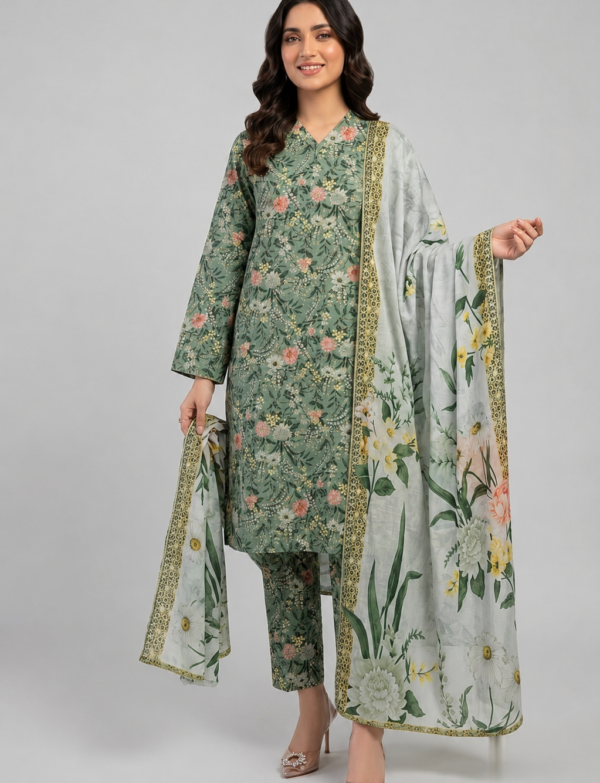 Sapphire Printed Airjet Lawn Suit with Voile Dupatta – 3 Piece Unstitched