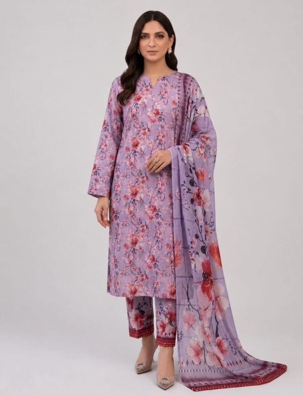 Sapphire Printed Lawn Suit with Voile Dupatta – 3 Piece Unstitched