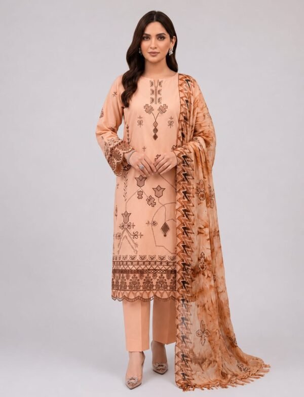 Zeyorah Embroidered Lawn Suit with Digital Crinkle Dupatta – 3 Piece Unstitched