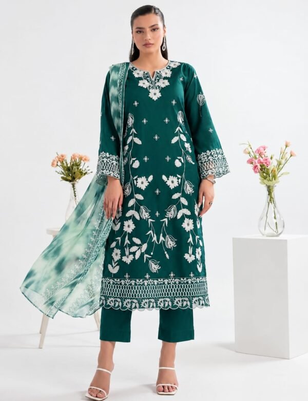Zeyorah Embroidered Lawn Suit with Crinkle Dupatta – 3 Piece Unstitched