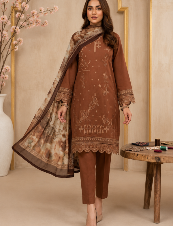 Zeyorah Embroidered Lawn Suit with Digital Crinkle Dupatta – 3 Piece Unstitched