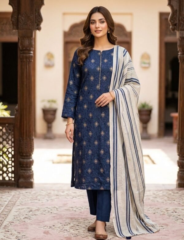 Unstitched 3pcEmbroidered dhank shirt Plain trouser Wool dupatta