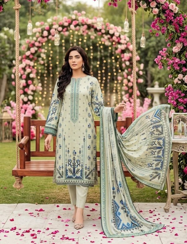 Bin saeed 3pc.Digital khadar.Zari gala print with same dupatta dyed trouser