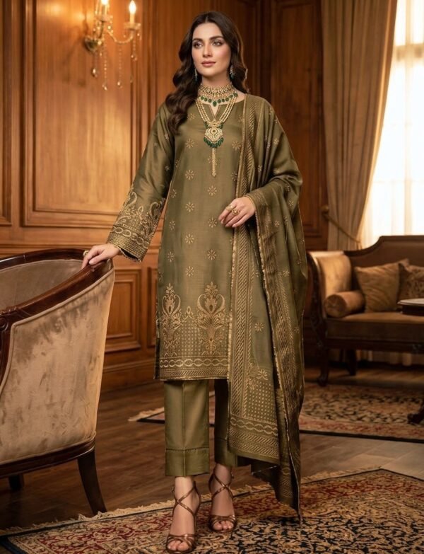 Gul Ahmed 3pc.Shirt.shamray viscose jacquard barosha.Dupatta.shamray viscose barosha.Trouser plan.