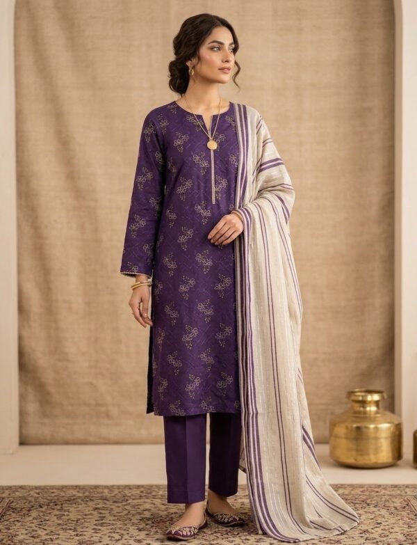 Unstitched 3pcEmbroidered dhank shirt Plain trouser Wool dupatta
