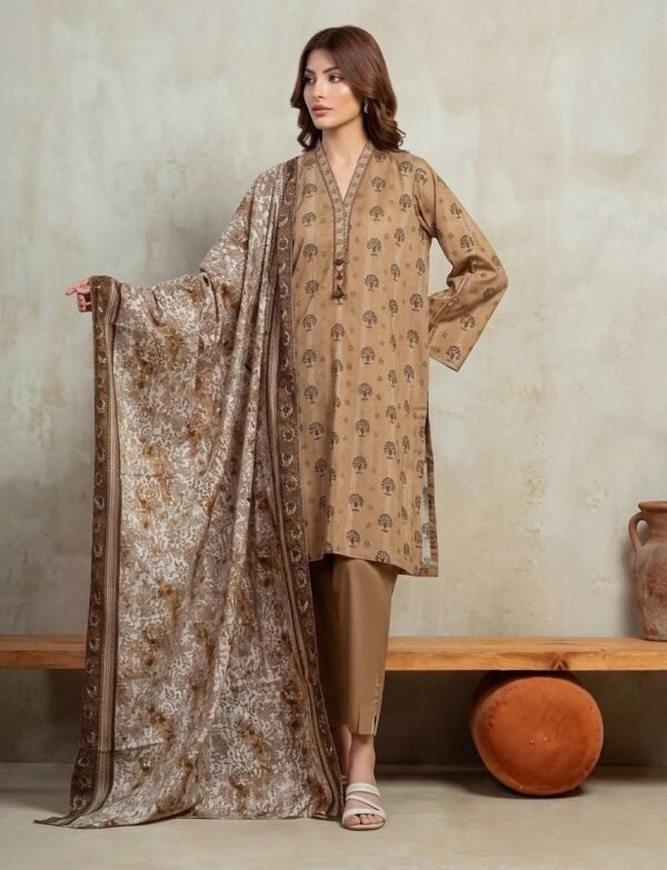 Edenrobe 3pc khaddar.Printed khaddar shirt: 3M.Printed khaddar dupatta  : 2.5m.Dyed khaddar trouser.