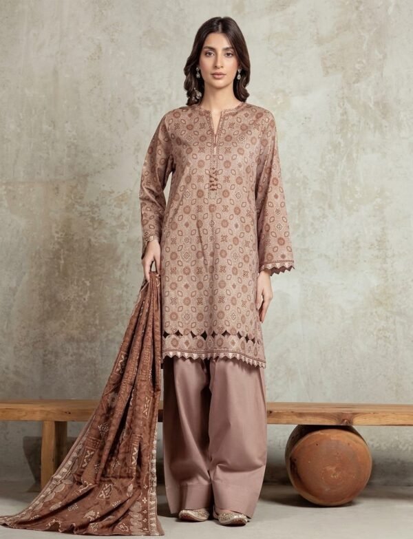 Edenrobe 3pc khaddar.Printed khaddar shirt: 3M.Printed khaddar dupatta  : 2.5m.Dyed khaddar trouser.