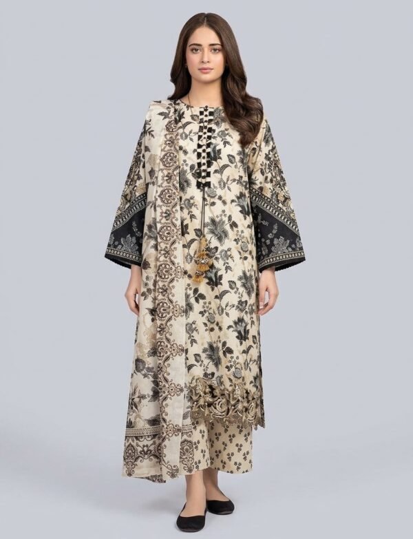 Edenrobe 3pc khaddar.Printed khaddar shirt: Printed soft khaddar dupatta 2.5m.Dyed khaddar trouser.