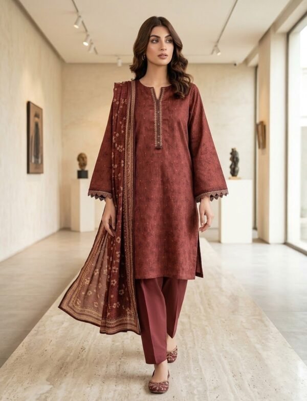 Edenrobe 3pc khaddar.Printed khaddar shirt: 3M.Printed khaddar dupatta  : 2.5m.Dyed khaddar trouser.