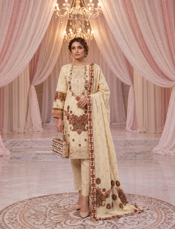 Rimal 3pc. Chamki dhanak front embroidered.back & bazu.printed.Printed with 4 side tissue pattie dupatta.Plain trouser